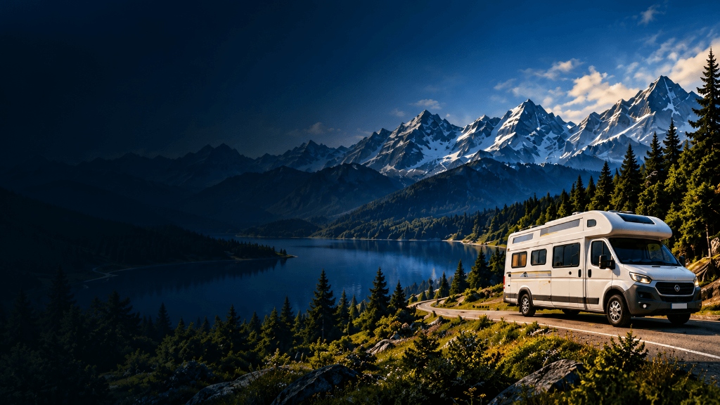 Campervan beside a lake in the European mountains